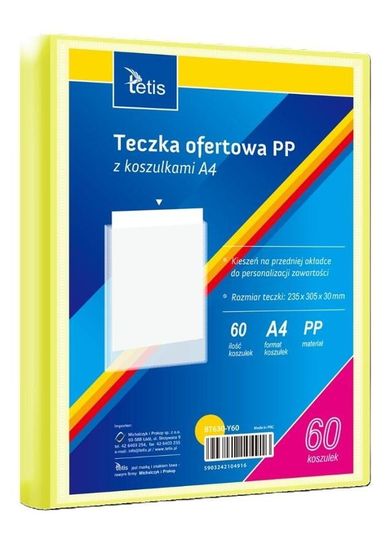 Tetis, teczka ofertowa PP, 60 koszulek, A4, żółta, 1 szt.