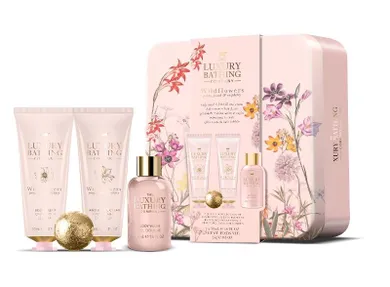 The Luxury Bathing Company, zestaw prezentowy, Wildflowers - Peony, Peach & Raspberry, puszka