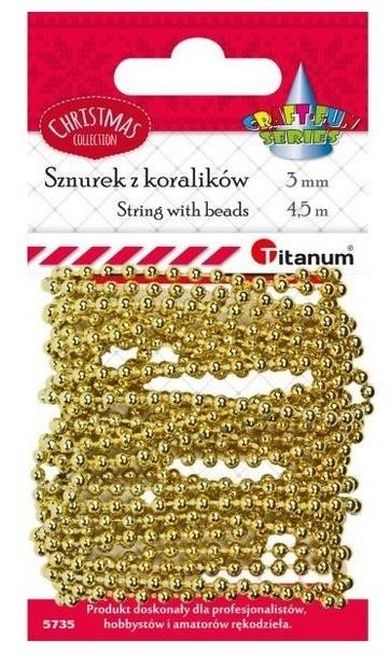 Titanum, koraliki na sznurku, złote, 3mmx4,5m