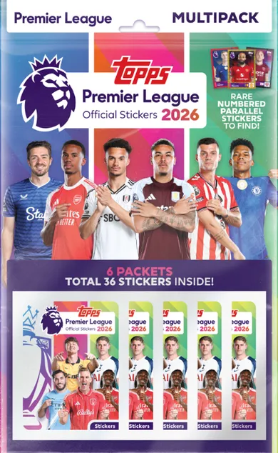 Topps, Premier League 2026, Stickers Multipack, zestaw saszetek z naklejkami kolekcjonerskimi, 6 szt.