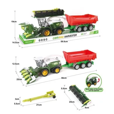 Toys, kombajn, pojazd rolniczy z czerwoną przyczepą