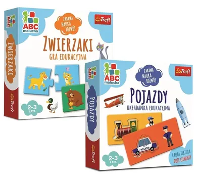 Trefl, ABC Malucha, Zwierzaki, gra edukacyjna + Pojazdy, układanka, zestaw promocyjny