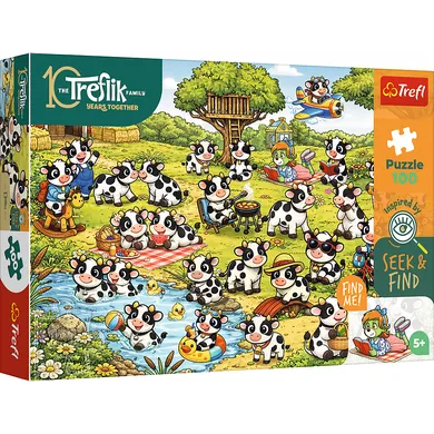 Trefl, Seek & Find, Rodzina Treflików, Świat krówek, puzzle, 100 elementów
