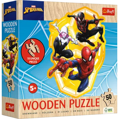 Trefl, Spider-Man gotowy w akcji, drewniane puzzle konturowe, 50 elementów