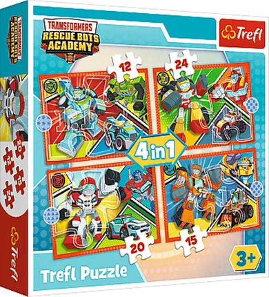 Trefl, Transformers, Akademia Transformersów, 4w1, puzzle, 12, 15, 20, 24 elementy