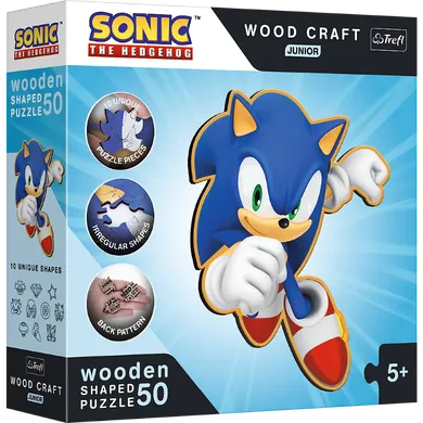Trefl, Wood Craft Junior, Sonic the Hedgehog, Sprytny Sonic, puzzle drewniane, 50 elementów