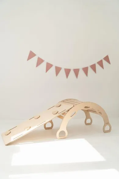 tupti.wood, duży bujak montessori z uchwytami + duża zjeżdżalnia, chmurki, naturalny