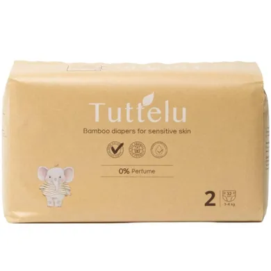 Tuttelu, bambusowe pieluszki jednorazowe, rozmiar 2, 3-6 kg, 32 szt.