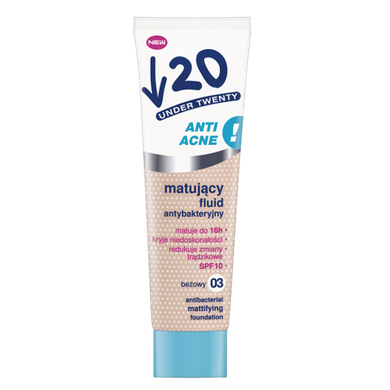 Under Twenty, Anti Acne, matujący fluid antybakteryjny, 03 Beżowy, 30 ml