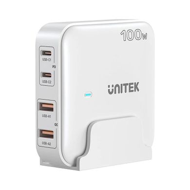 Unitek, ładowarka biurkowa, GAN 100W, 2XUSB-A 2XUSB-C, biała