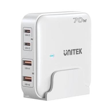 Unitek, ładowarka biurkowa, GAN 70W, 2XUSB-A 2XUSB-C, biała