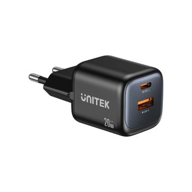 Unitek, ładowarka sieciowa, 2xGAN 20W, USB-C, USB-A, czarna