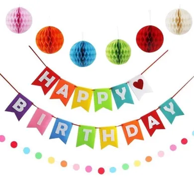 Urodzinowa girlanda, zestaw, banner happy birthday, pompony
