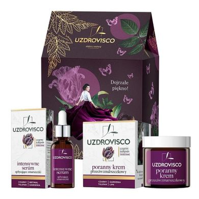 Uzdrowvisco, Czarny Tulipan Intense, zestaw, poranny krem przeciwzmarszczkowy, 50 ml + intensywne serum spłycające zmarszczki, 30 ml
