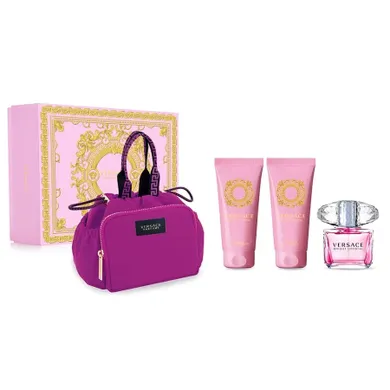 Versace, Bright Crystal, zestaw: woda toaletowa, spray, 90 ml + żel pod prysznic, 100 ml + balsam do ciała, 100 ml + torba kosmetyczna