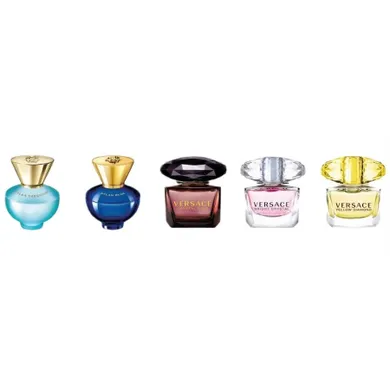 Versace, Miniatures Collection Crystal Noir, woda toaletowa, 5 ml + Dylan Turquoise, woda toaletowa, 5 ml + Yellow Diamond, woda toaletowa, 5 ml + Bright Crystal, woda toaletowa, 5 ml + Pour Femme Dylan Blue, woda perfumowana, 5 ml