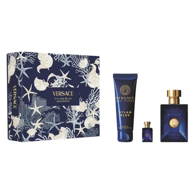 Versace, Pour Homme Dylan Blue, zestaw: woda toaletowa, spray, 100 ml + żel pod prysznic, 150 ml + miniatura wody toaletowej, 5 ml