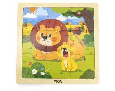 Viga, puzzle drewniane, na podkładce, lew, 9 elementów