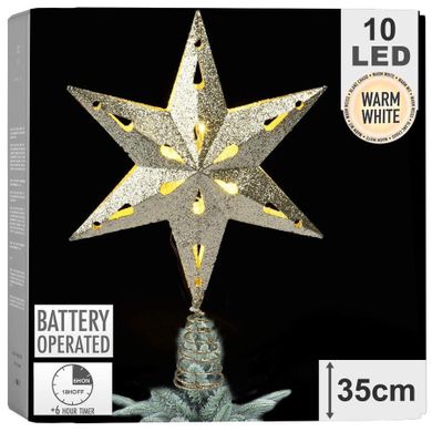 Vilde, czubek na choinkę, świecący, gwiazda, złota brokatowa, 33 cm, 10 led