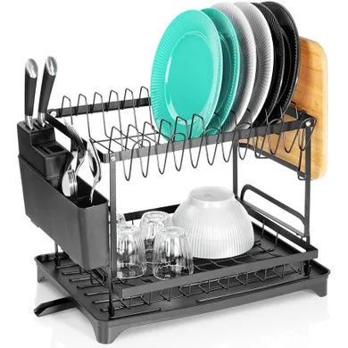 Vilde, suszarka na naczynia, metalowa, czarna, 2-poziomowa, 42-29-36,5 cm
