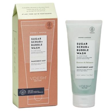 VOESH, Sugar Scrub + Bubble Wash, cukrowy peeling myjący do ciała i skóry głowy, Rainforest Mist, 210g
