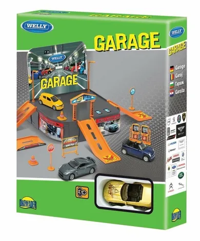 Welly, garaż ze zjeżdżalniami, zestaw z akcesoriami i pojazdem