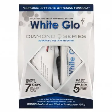 White Glo, Diamond Series System, zestaw, wybielająca pasta do zębów, 100 ml + wybielający żel do zębów, 50 ml + nakładka na zęby