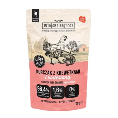 Wiejska Zagroda, Kurczak z krewetkami i walerianą, mokra karma dla dorosłego kota, 100g, 1 szt.