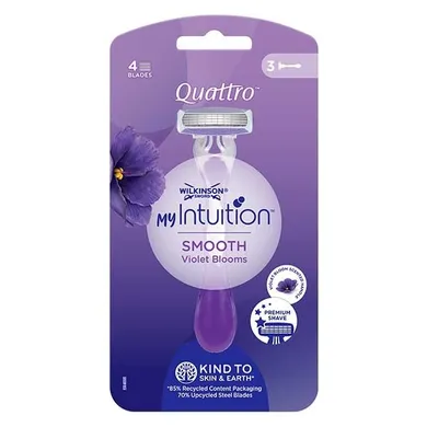 Wilkinson, My Intuition Quattro Smooth Violet Blooms, jednorazowe maszynki do golenia dla kobiet, 3 szt.