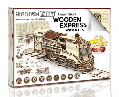 Wooden City, Lokomotywa i tory kolejowe, drewniane puzzle 3D