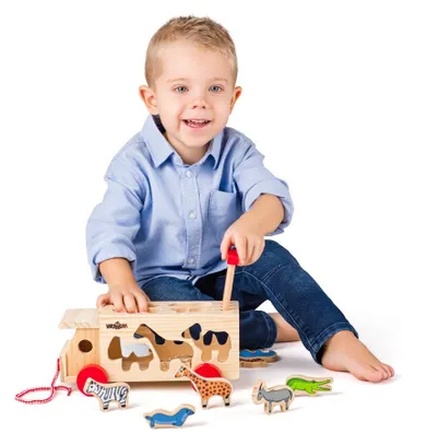 Woodyland, ciężarówka do ciągnięcia, sorter, zwierzęta, 29-18-14 cm