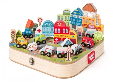 Woodyland, drewniana kolejka z miastem, walizka, 55 elementów