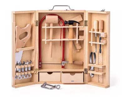 Woodyland, zestaw drewnianych narzędzi w walizce, 26 elementów