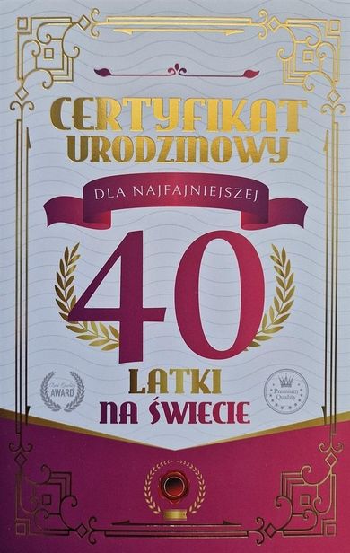 YEKU, karnet Certyfikat Urodzinowy 40 urodziny damskie