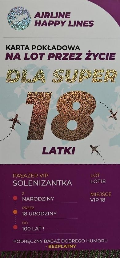 YEKU, karnet karta pokładowa 18 urodziny damskie