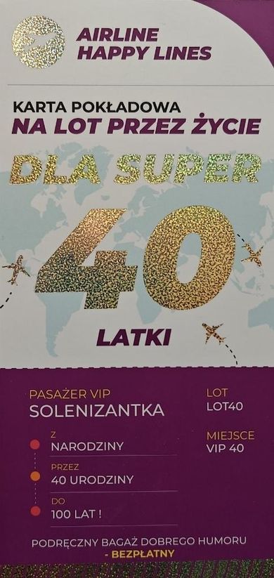 YEKU, karnet karta pokładowa 40 urodziny damskie