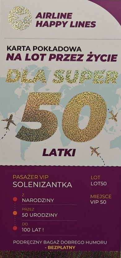 YEKU, karnet karta pokładowa 50 urodziny damskie