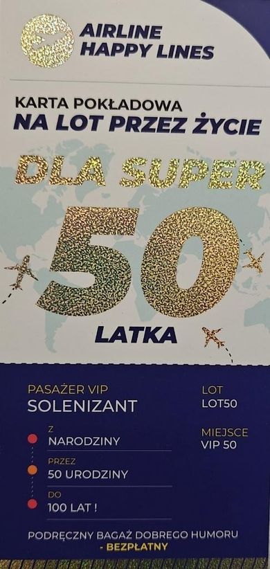 YEKU, karnet karta pokłądowa 50 urodziny męskie