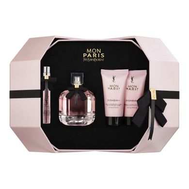 Yves Saint Laurent, Mon Paris Pour Femme, zestaw: woda perfumowana, spray, 90ml + miniatura wody perfumowanej, 10 ml + balsam do ciała, 50 ml + żel pod prysznic, 50 ml