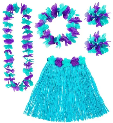 Zestaw hawajski, spódnica hawajska, naszyjnik, 2 bransoletki, niebieska