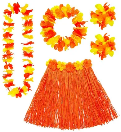 Zestaw hawajski, spódnica hawajska, naszyjnik, 2 bransoletki, pomarańczowa