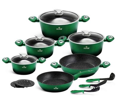 Zilner, garnki z powłoką granitową, 15 elementów, emerald noir