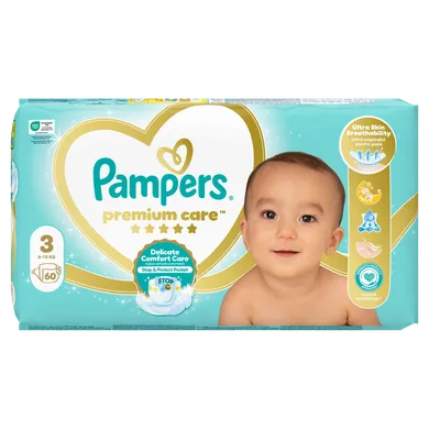 Pampers, Premium Care, pieluchy jednorazowe, rozmiar 3, 6-10 kg, 60 szt.