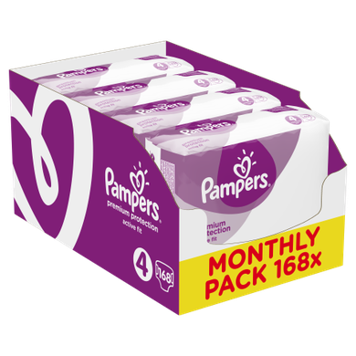 Pampers, Premium Protection Active Fit, pieluchy jednorazowe, rozmiar 4, 168 szt., zapas na miesiąc