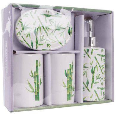 Bathroom Solutions, zestaw łazienkowy ceramiczny, biały dekor bambus, 4 elementy