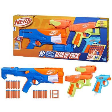 NERF N Series, zestaw Gear Up Pack, 3 wyrzutnie, 2 akcesoria i 18 strzałek