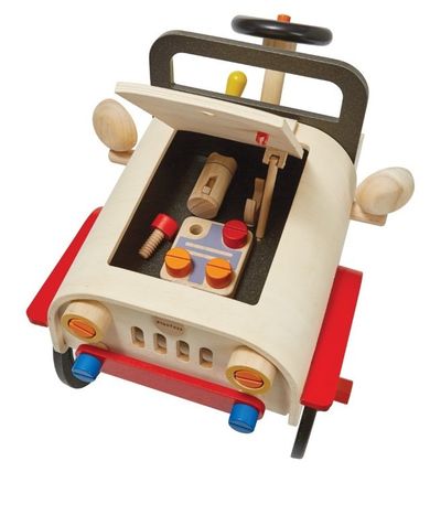 Plan Toys, Mały Mechanik, drewniany serwis samochodowy