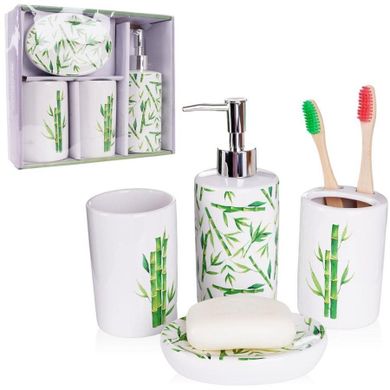Bathroom Solutions, zestaw łazienkowy ceramiczny, biały dekor bambus, 4 elementy