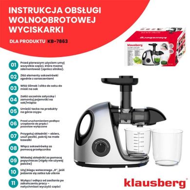 Klausberg, sokowirówka, wyciskarka wolnoobrotowa, srebrna, KB-7863