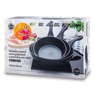Könighoffer, Corvos, zestaw 3 patelni głębokich, indukcja, 20 cm, 24 cm, 28 cm